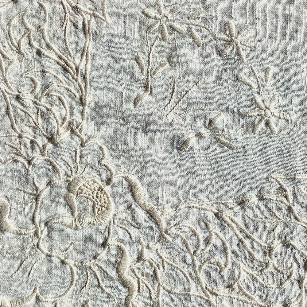 ELABORATE EMBROIDERED EPLVC ECRU TABLECLOTH   64” X 50”
